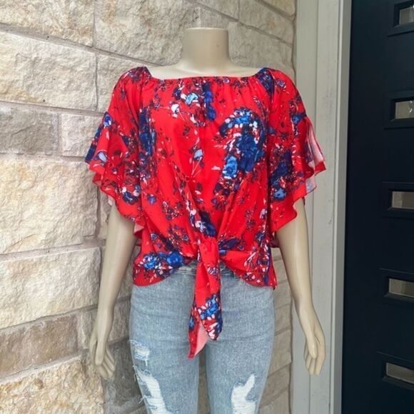 Women's Boho Floral Print Flare Sleeve Off the Shoulder Tie Knot Blouse Small - Picture 3 of 12